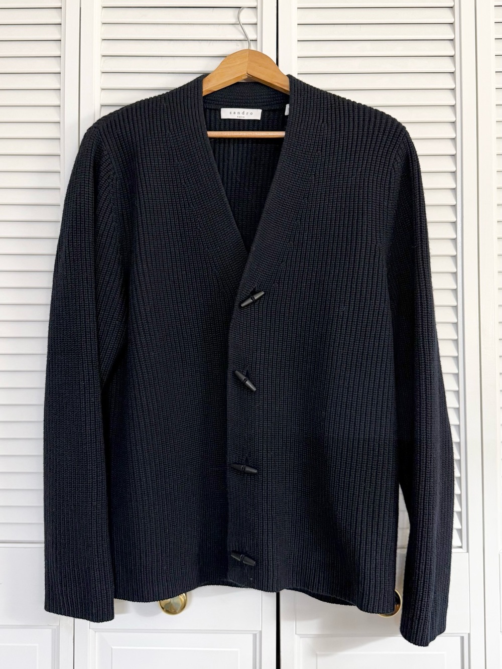 Sandro Men’s Navy Blue Rib-Knit Merino Blend V-Neck Button Cardigan Sweater XXL